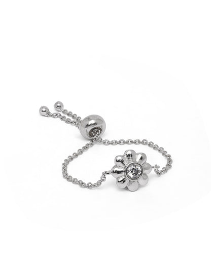 Rhodium Plated CZ Floral Adjustable Chain Ring