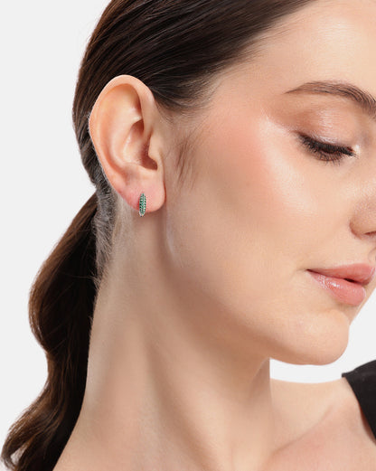 Rhodium Plated Emerald CZ Studded Huggie Hoop Earring