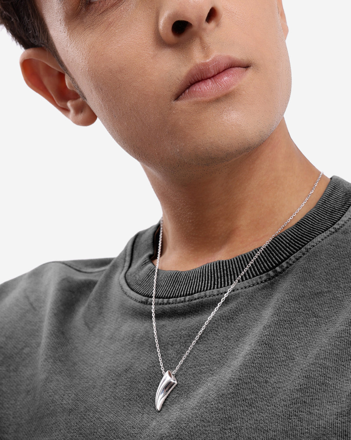 Men Rhodium Plated Shark Tooth Pendant and Chain