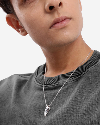 Men Rhodium Plated Shark Tooth Pendant and Chain
