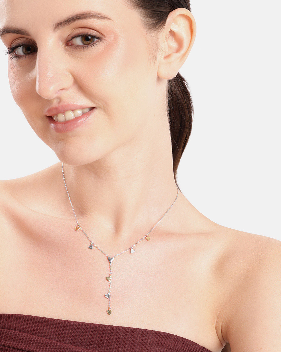 Rhodium &amp; 18kt Gold Plated Dangling Heart Charm Y-Necklace Lariat