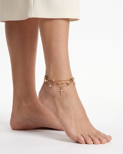 Set of 4 Rose Gold Plated Heart, Solitaire &amp; CZ studded Cross Layered Anklet