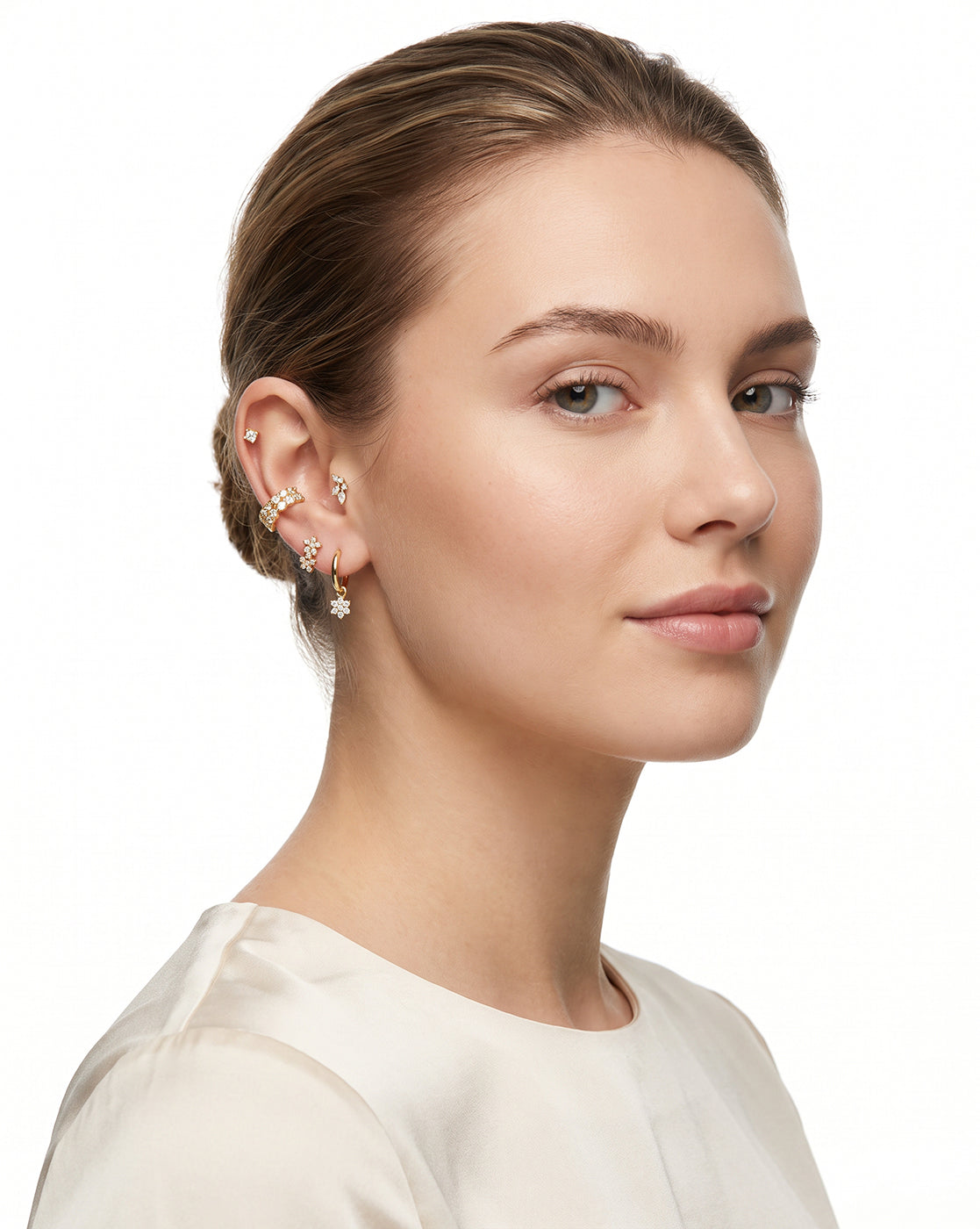 Gold Plated Designer Stud, Cuff &amp; Mini Hoop with CZ Piercing Set