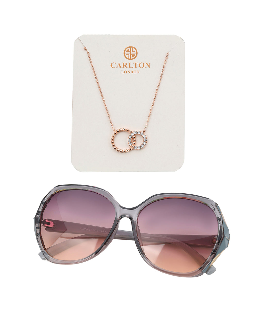 Women Grey Toned UV Protected Sunglasses and 18kt Rose Gold Plated CZ Nekclace Set