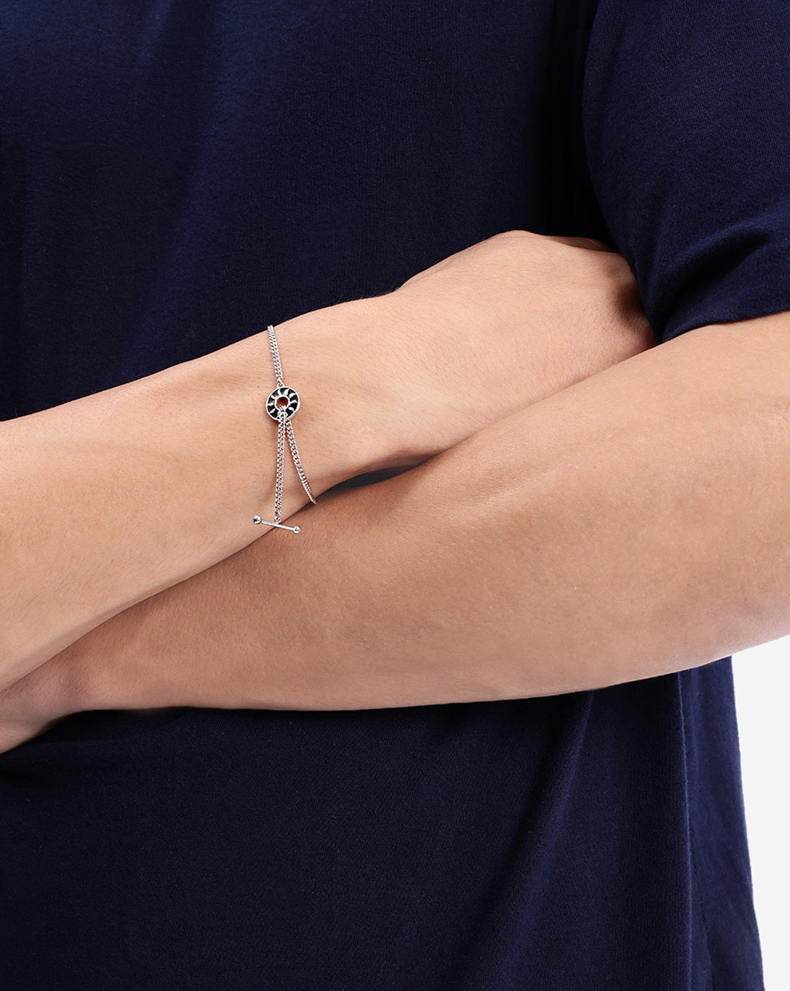 Men Rhodium Plated Black Enamel Toggle Chain Bracelet