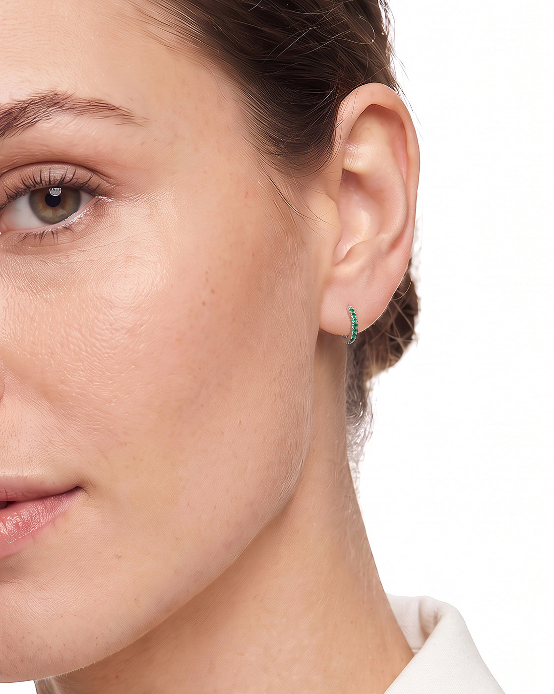 925 Sterling Silver Rhodium Plated Emerald Green CZ Studded Mini Hoop Earring