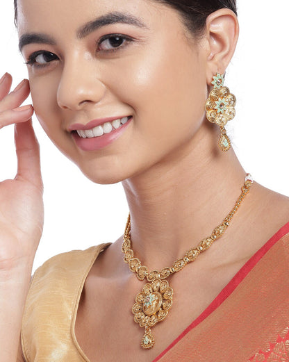 Gold Plated Traditional Enamel Floral Necklace &amp; Earrings Set