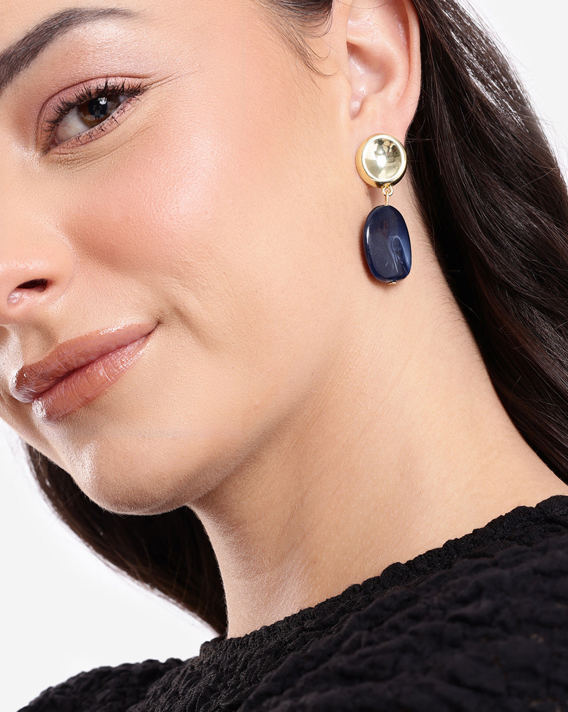 Gold Plated Navy Blue Stone Drop Earring