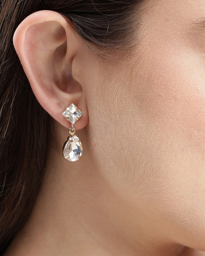Gold Plated Stunning Princess &amp; Dangling Pear Solitaire Earrings