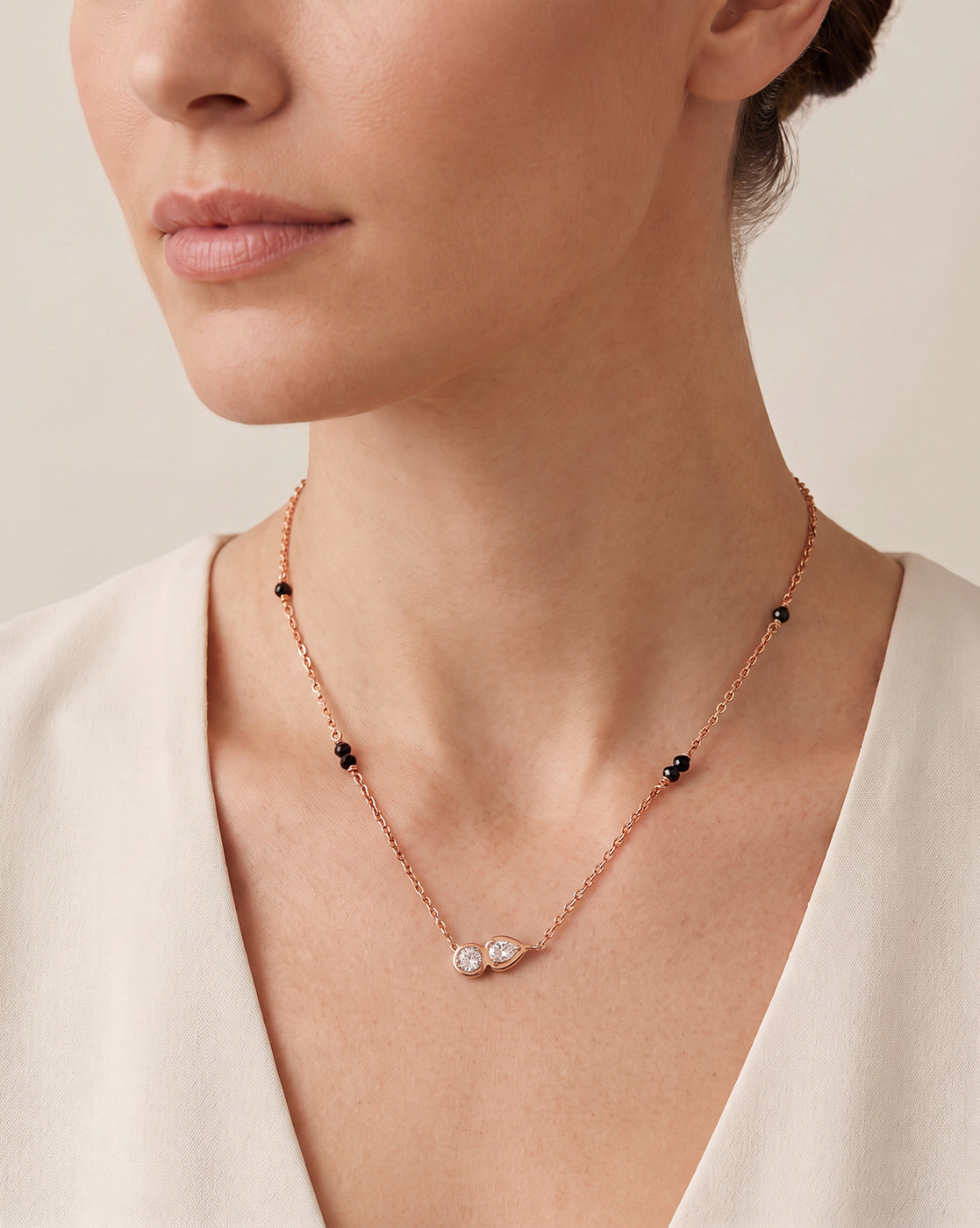 925 Sterling Silver 18kt Rose Gold Plated Natural Black bead and Solitaire Toi-Moi Mangalsutra