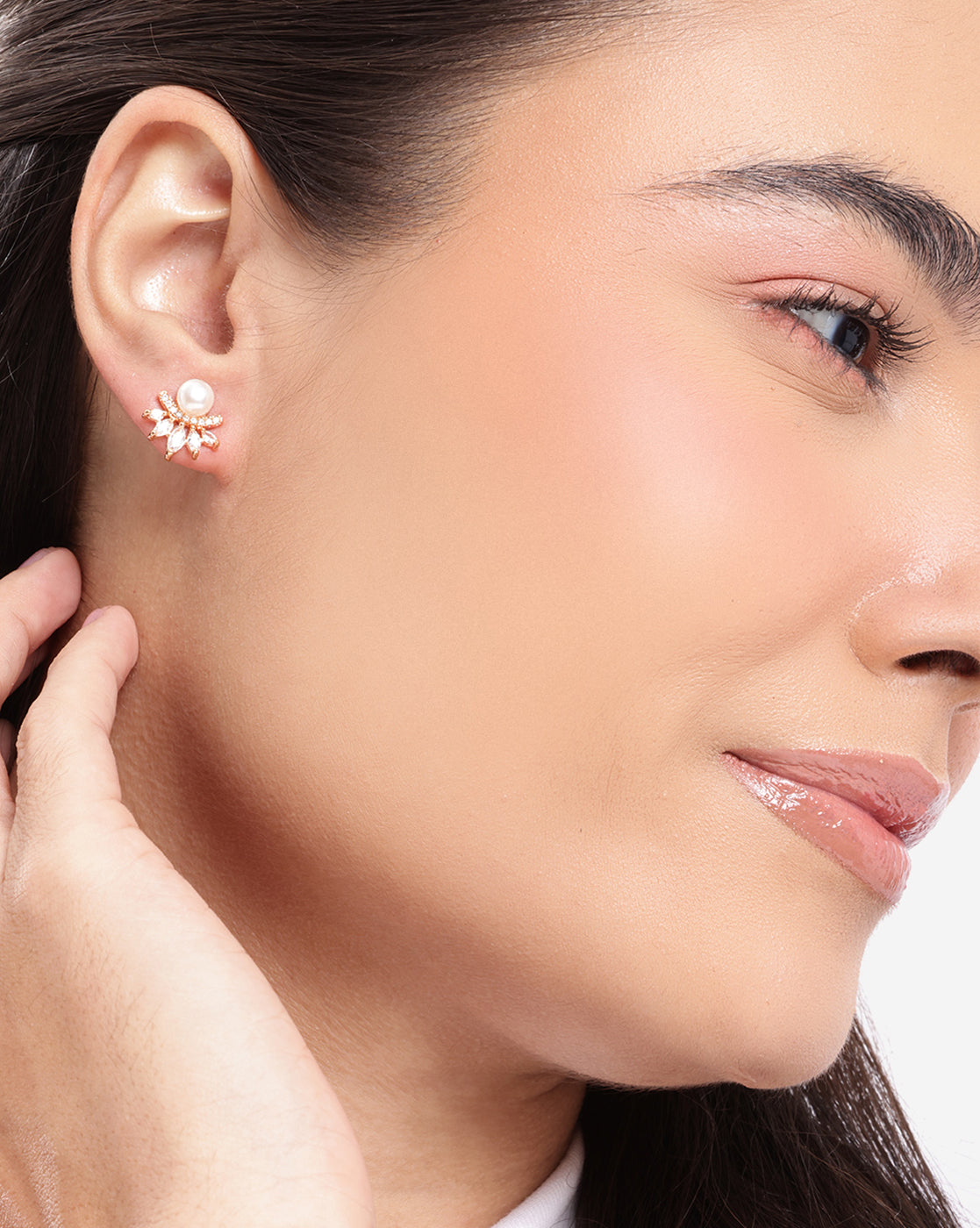 Rose Gold Plated CZ Studded and Pearl Cluster Stud Earring