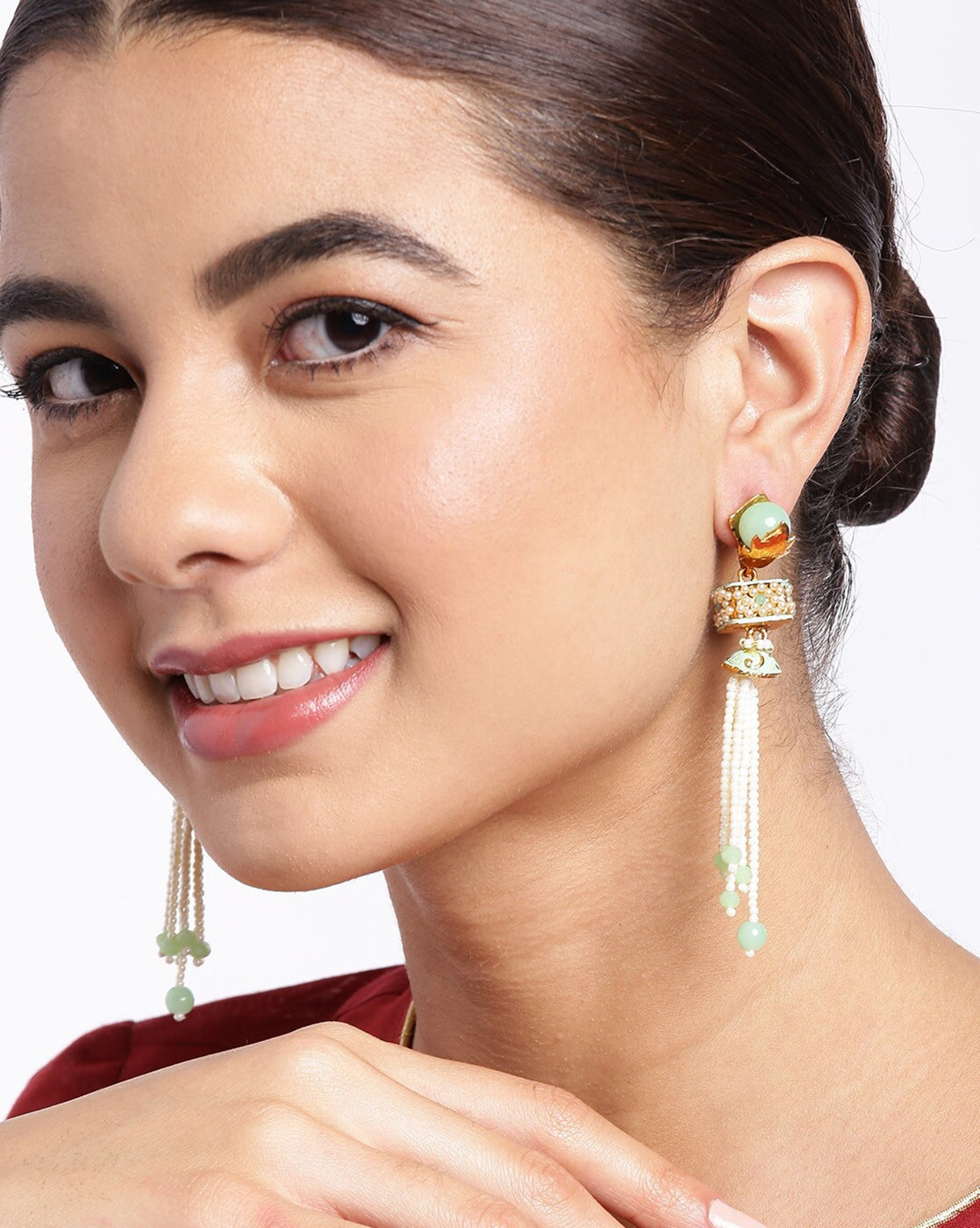 Gold Plated Enamel Green Stone &amp; Pearl Tassel Drop Earring