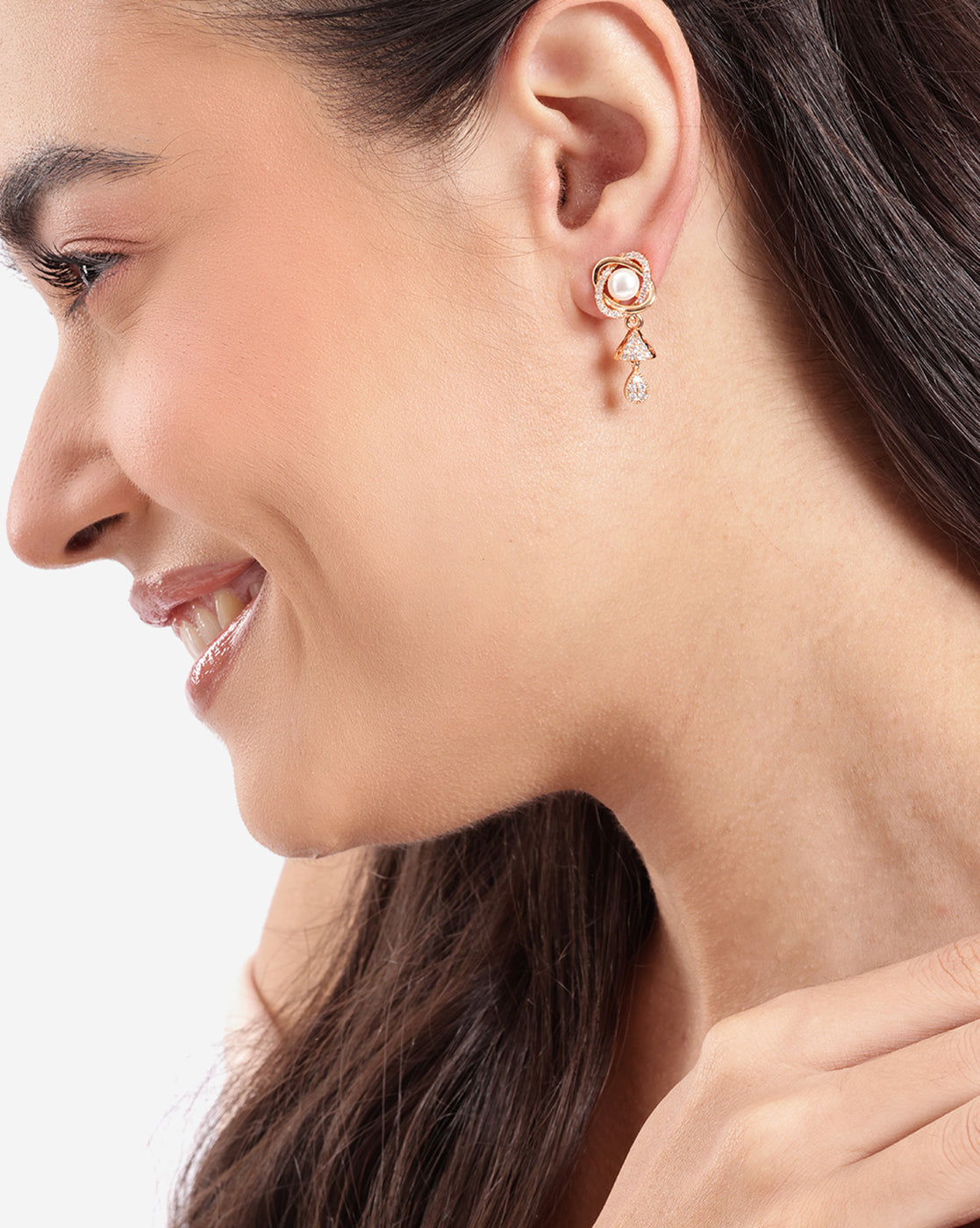 Rose Gold Plated CZ Studded and Pearl Drop Earring