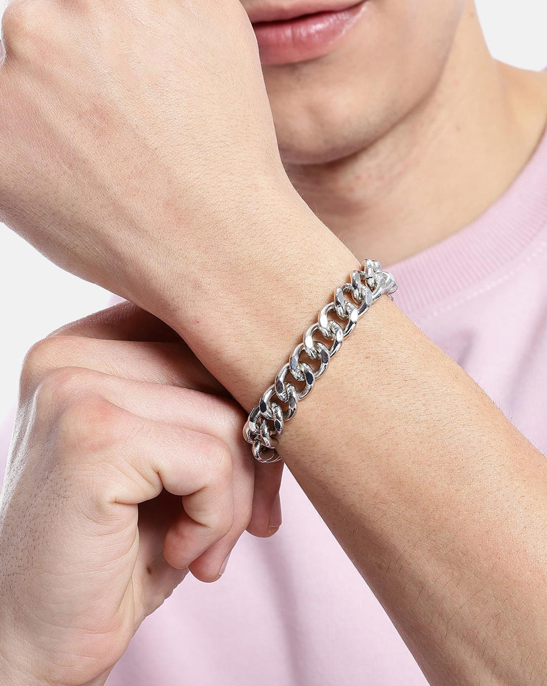Men Silver Plated Link Curb Bracelet