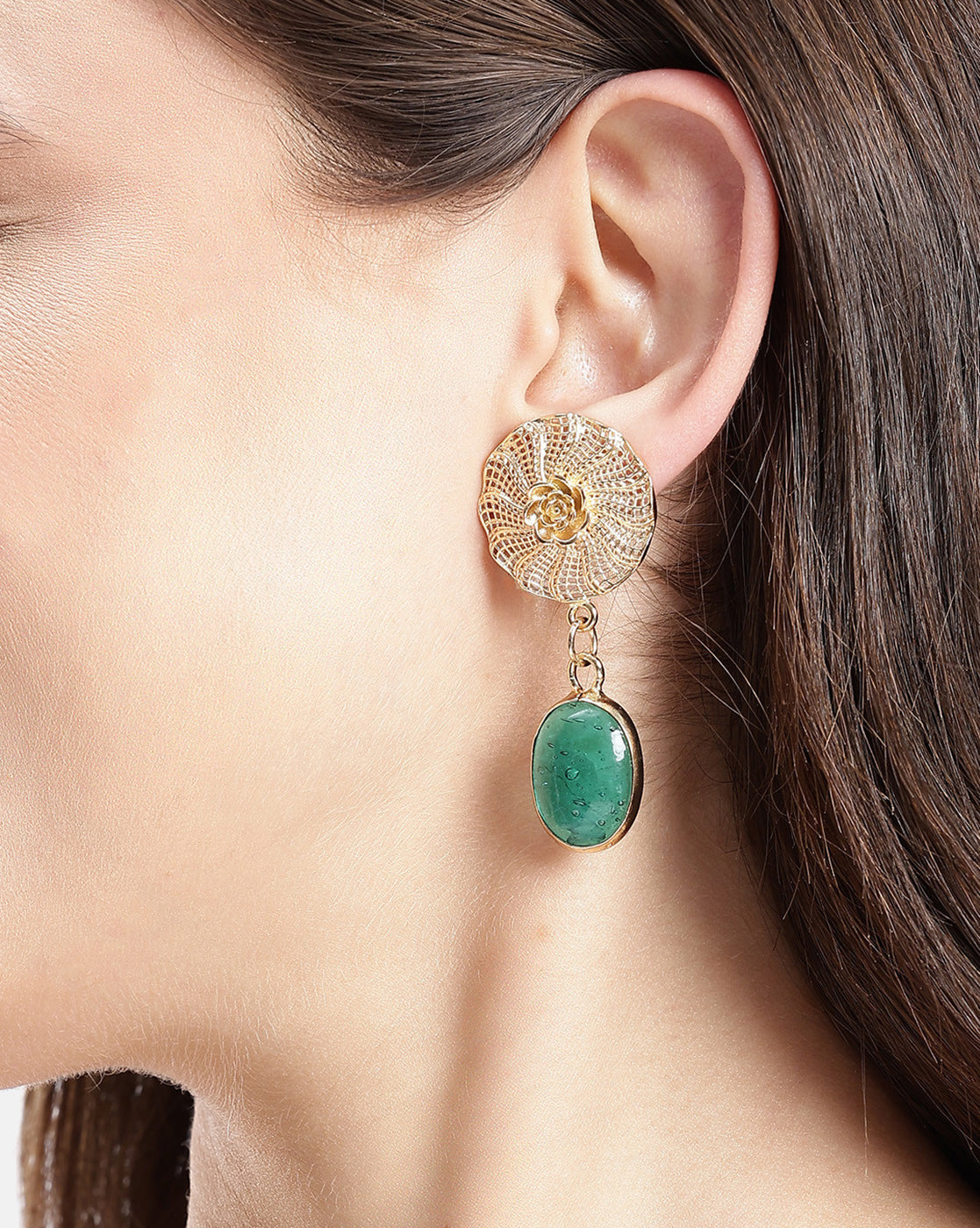 Gold Plated Filigree Dangling Green Crystal Drop Earring