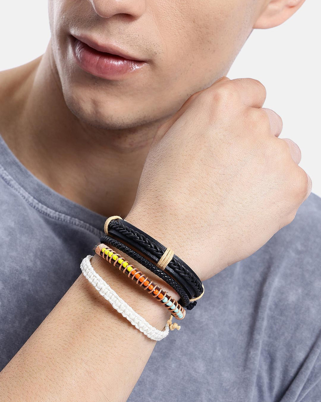 Men Set of 2 Bohemian Multicolour Adjustable Faux Leather Bracelet