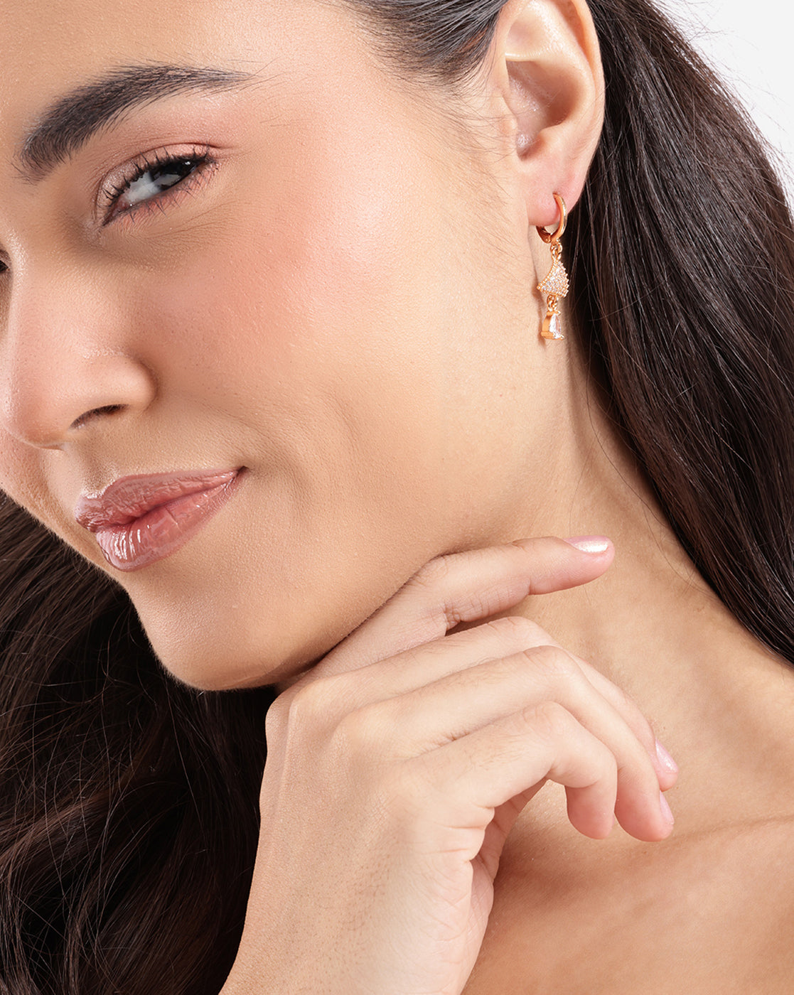 Rose Gold Plated Dangling Solitaire Triangular Hoop Earring