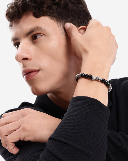 Men Silver Plate  Black Onyx  Bead  Adjustable Bracelet