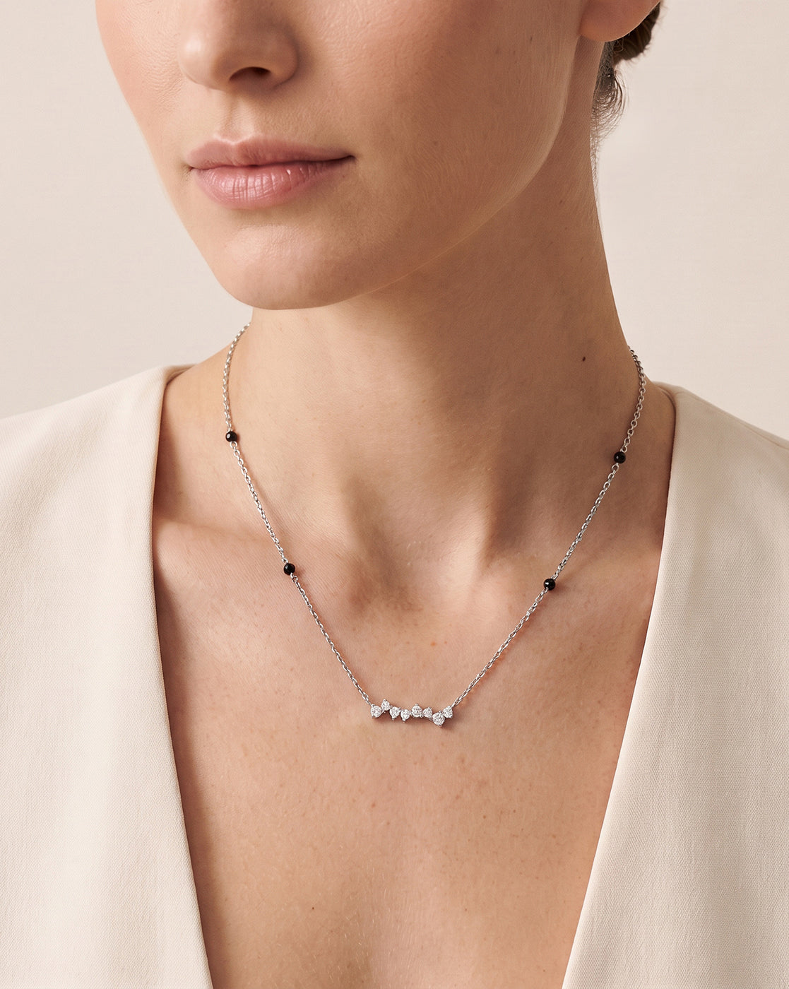 925 Sterling Silver Rhodium Plated Natural black bead &amp; CZ Studded Designer Solitaire Mangalsutra