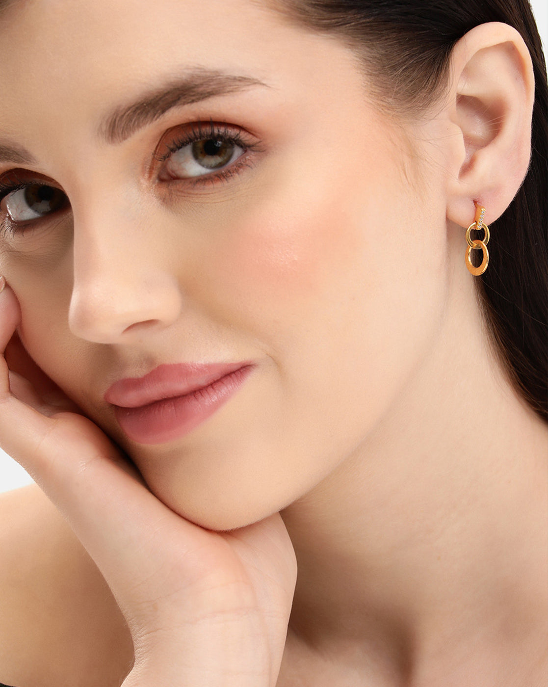 18kt Gold Plated CZ Studded Textured Double Circle Drop Link Earring