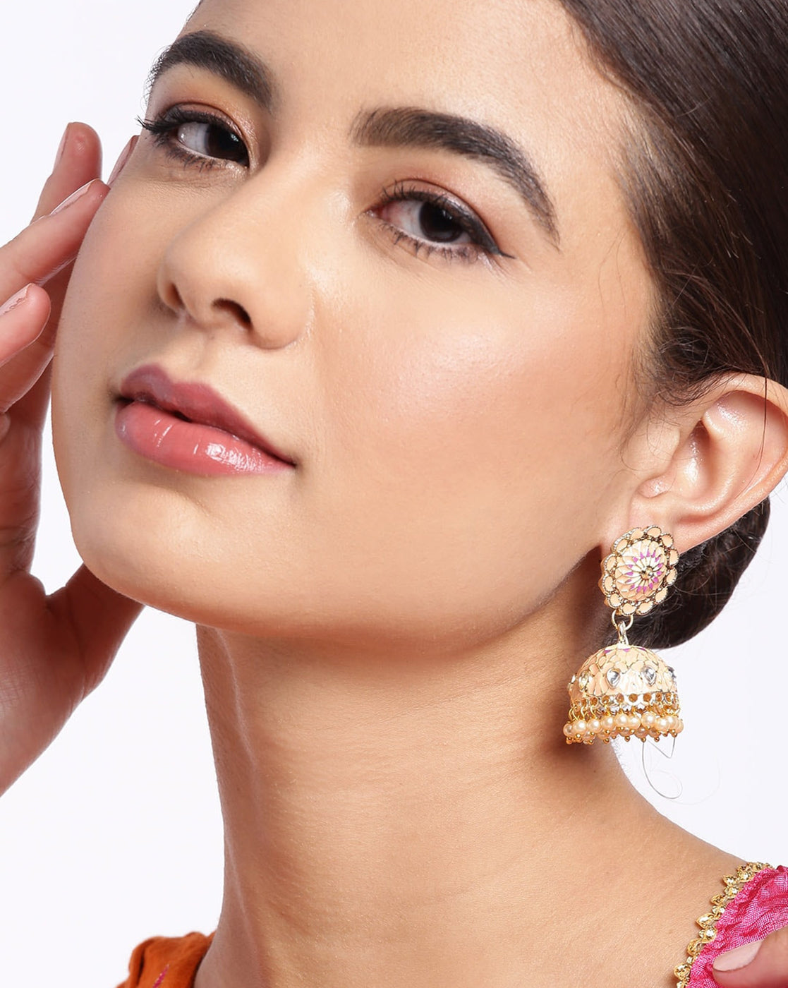 Gold Plated Kundan and Pearl Peach Enamel Dome Jhumka Earring