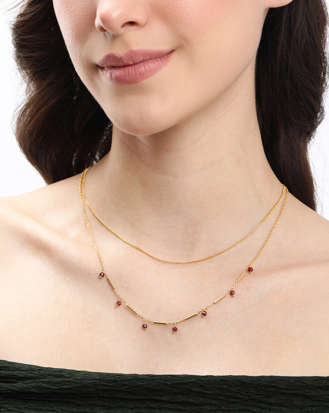 18kt Gold Plated Garnet Red Stone Double Chain Necklace