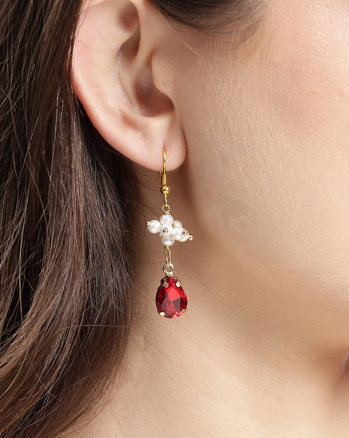 Gold Plated Pearl and Dangling Red Crystal Teardrop Earring