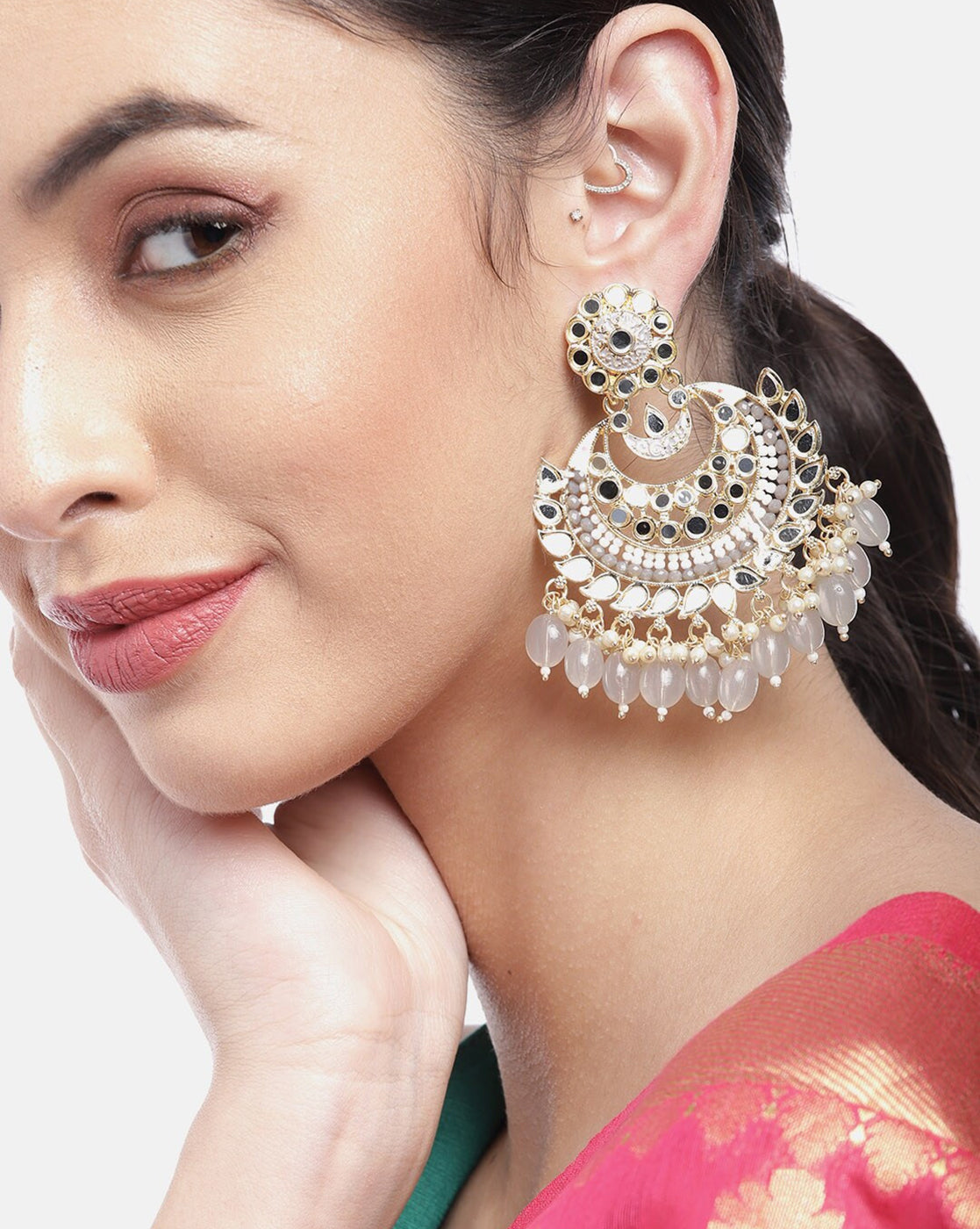 Gold Plated Kundan Layered Chandbali Earrings with Teardrop Bead Drops