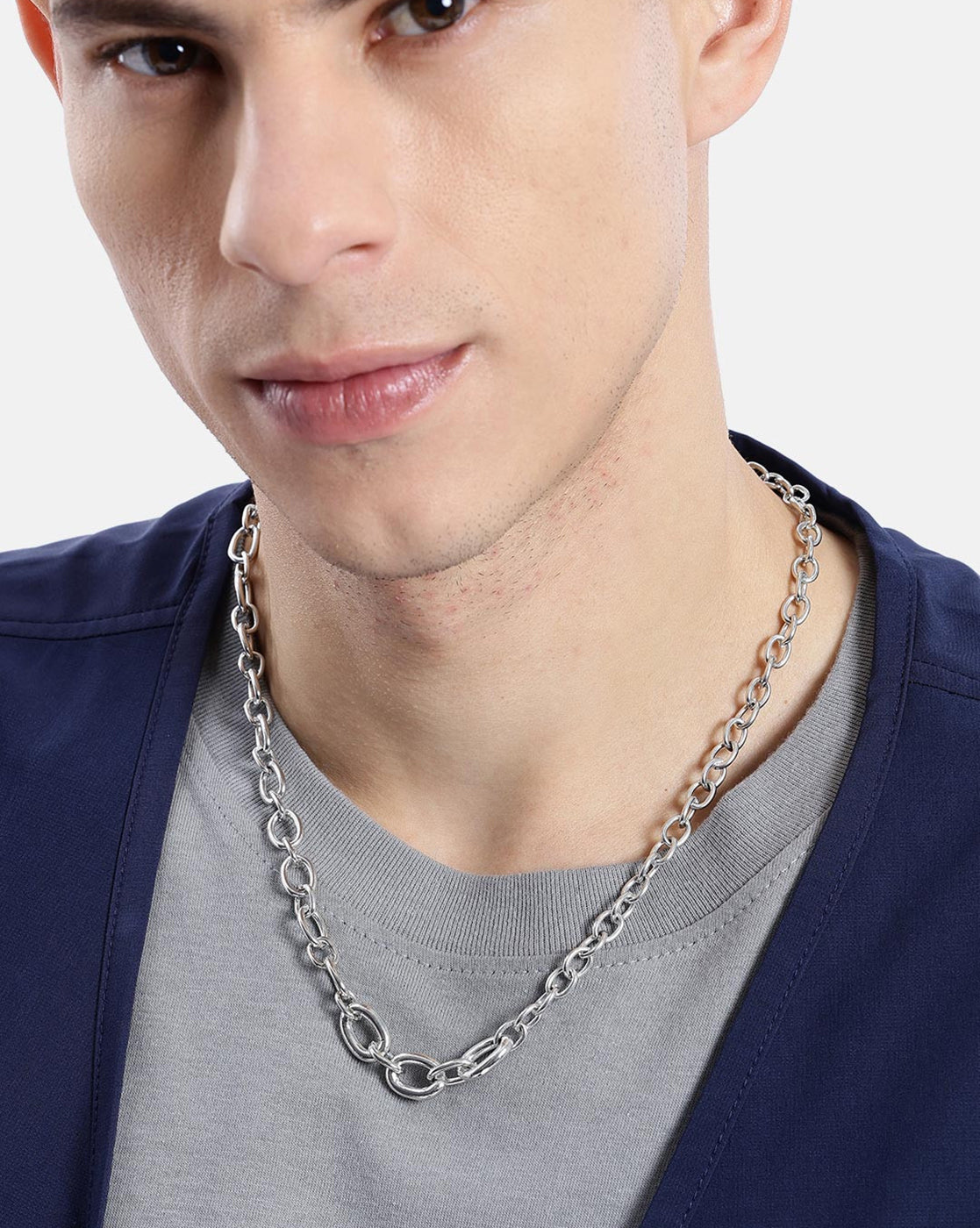 Men Silver Plated Cable Link Chain Necklace
