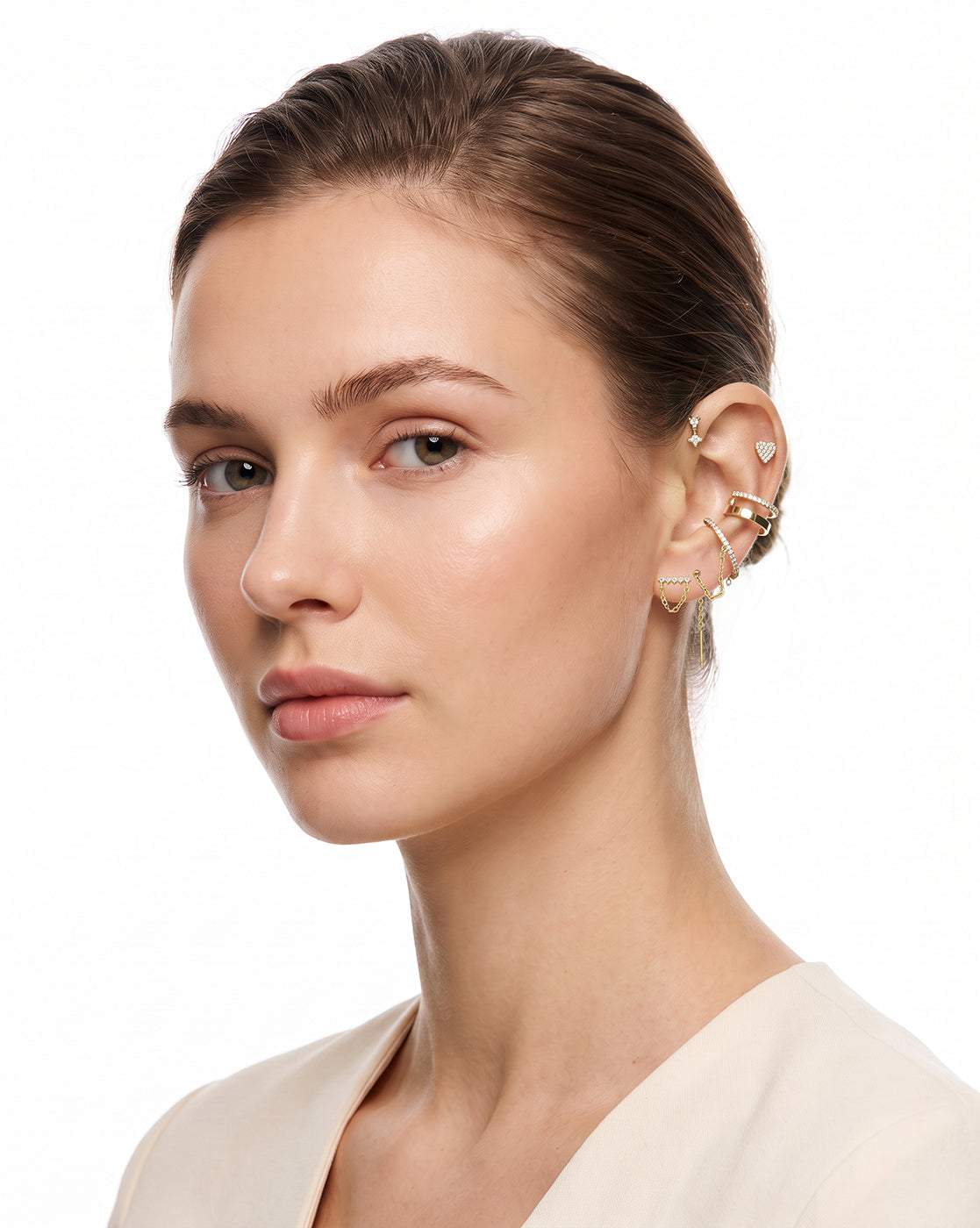Set of Gold Plated Contemporary CZ Studded Heart, Cuff &amp; Ear Piercing Set