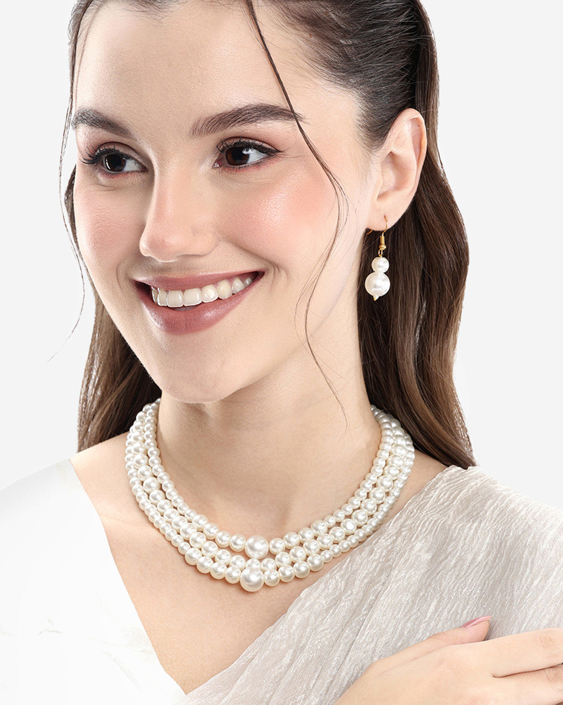 Gold Plated Triple Strand Graduation Pearl Necklace with Earring Set
