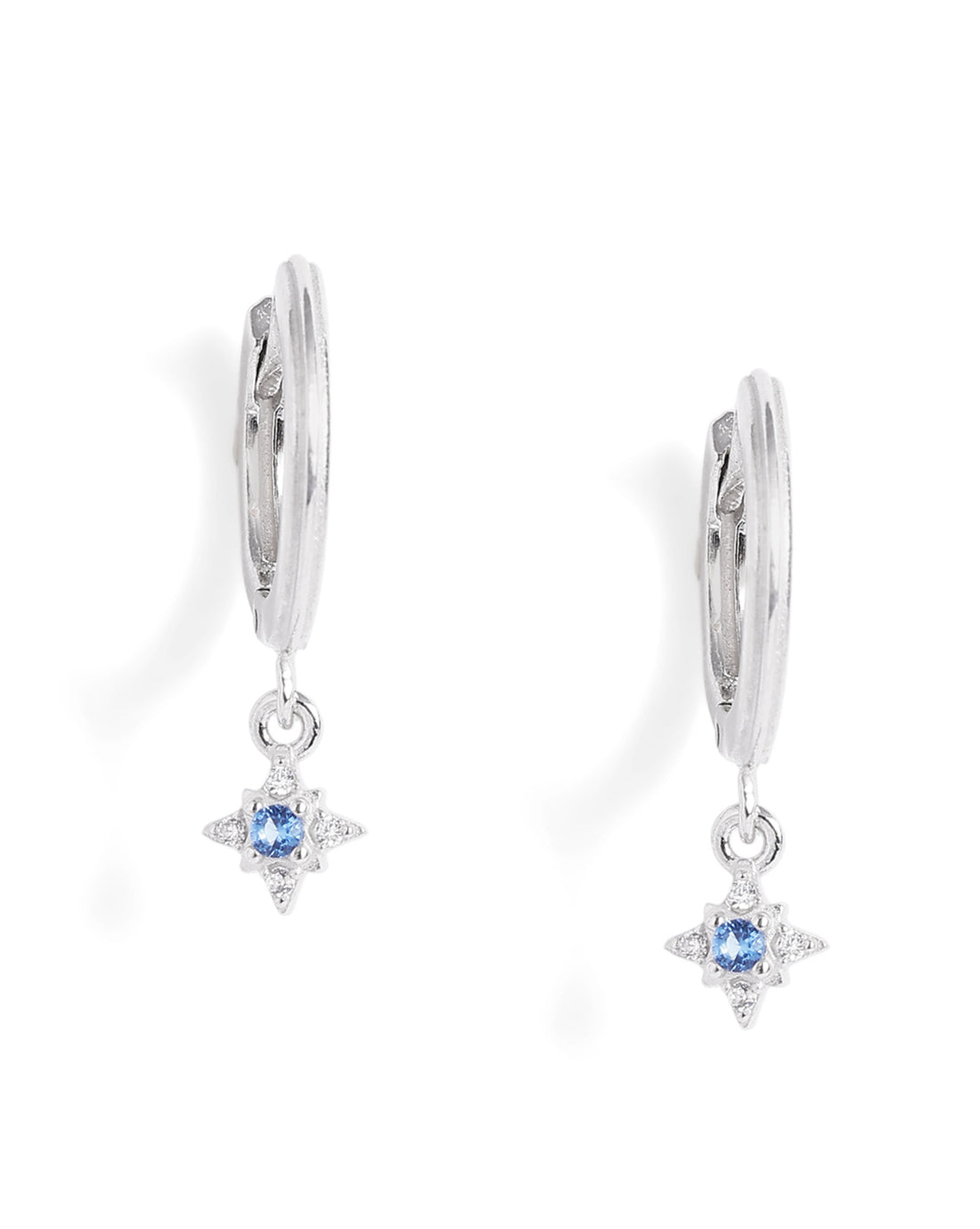 Rhodium Plated Dangling Blue Topaz Mini Hoop Earring