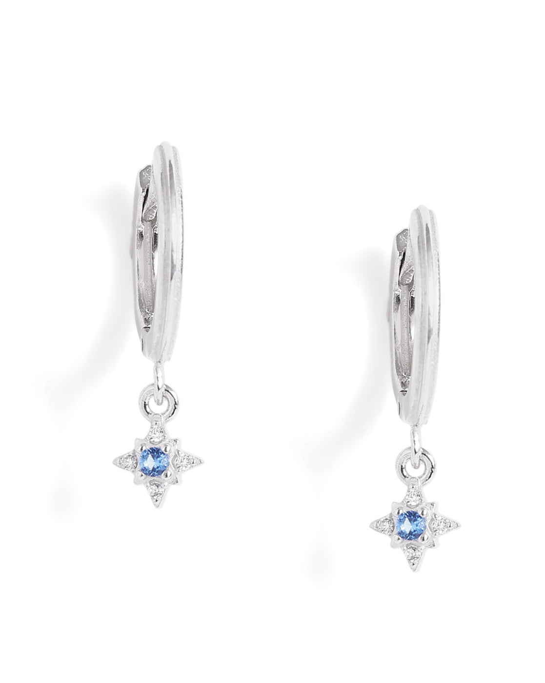 Rhodium Plated Dangling Blue Topaz Mini Hoop Earring