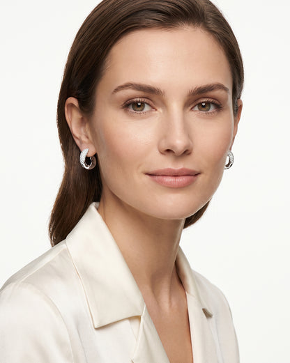 Rhodium-Plated CZ-Studded Chunky Half Hoop Earrings