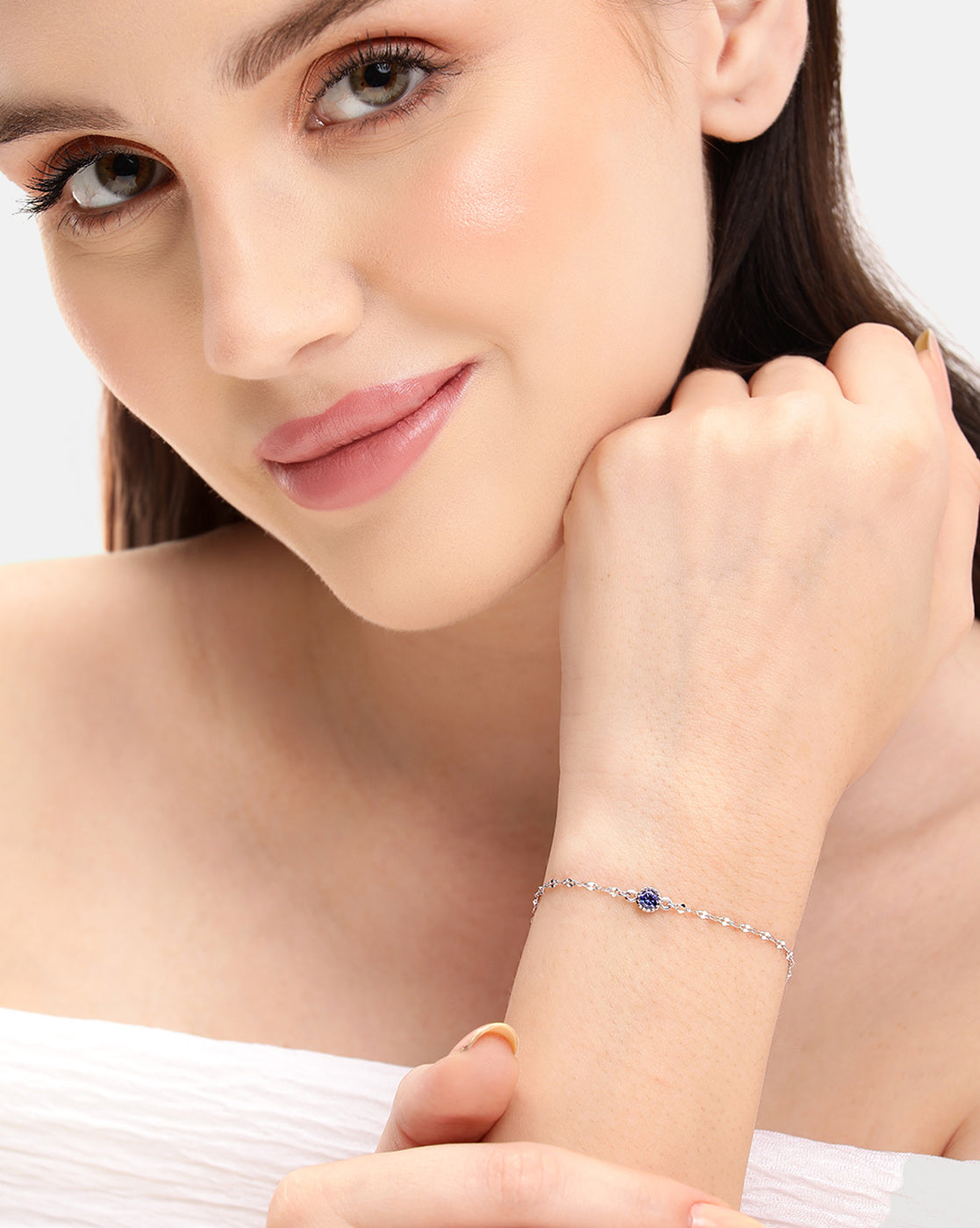 Rhodium-Plated Timeless Sapphire-Blue CZ Adjustable Charm Bracelet