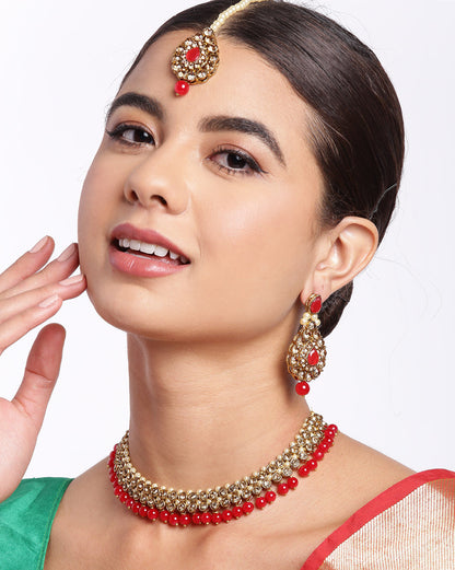 Gold Plated CZ, Pearl &amp; Red Beaded Necklace, Earrings &amp; Maang Tika Set