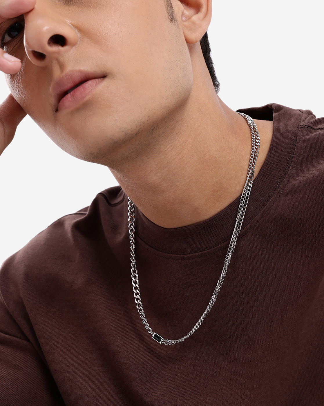 Men Silver Plated CZ Layered Curb Link Chain Necklace