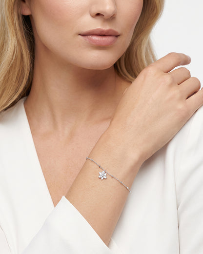925 Sterling Silver Rhodium Plated CZ Floral Charm Adjustable Bracelet