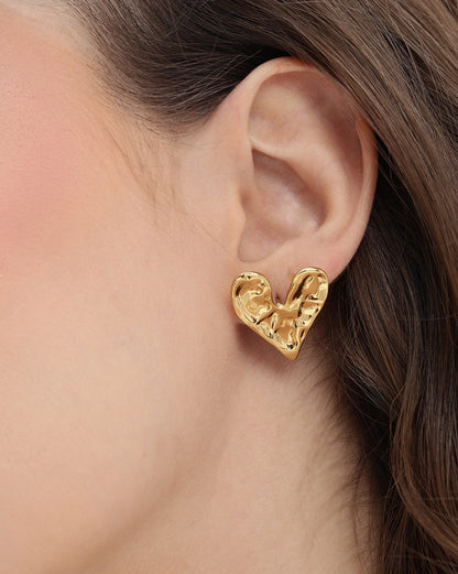 Gold Plated Bold Textured Heart Stud Earring