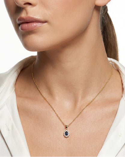Premium 18kt Gold Plated Blue Sapphire CZ Halo Pendant with Chain