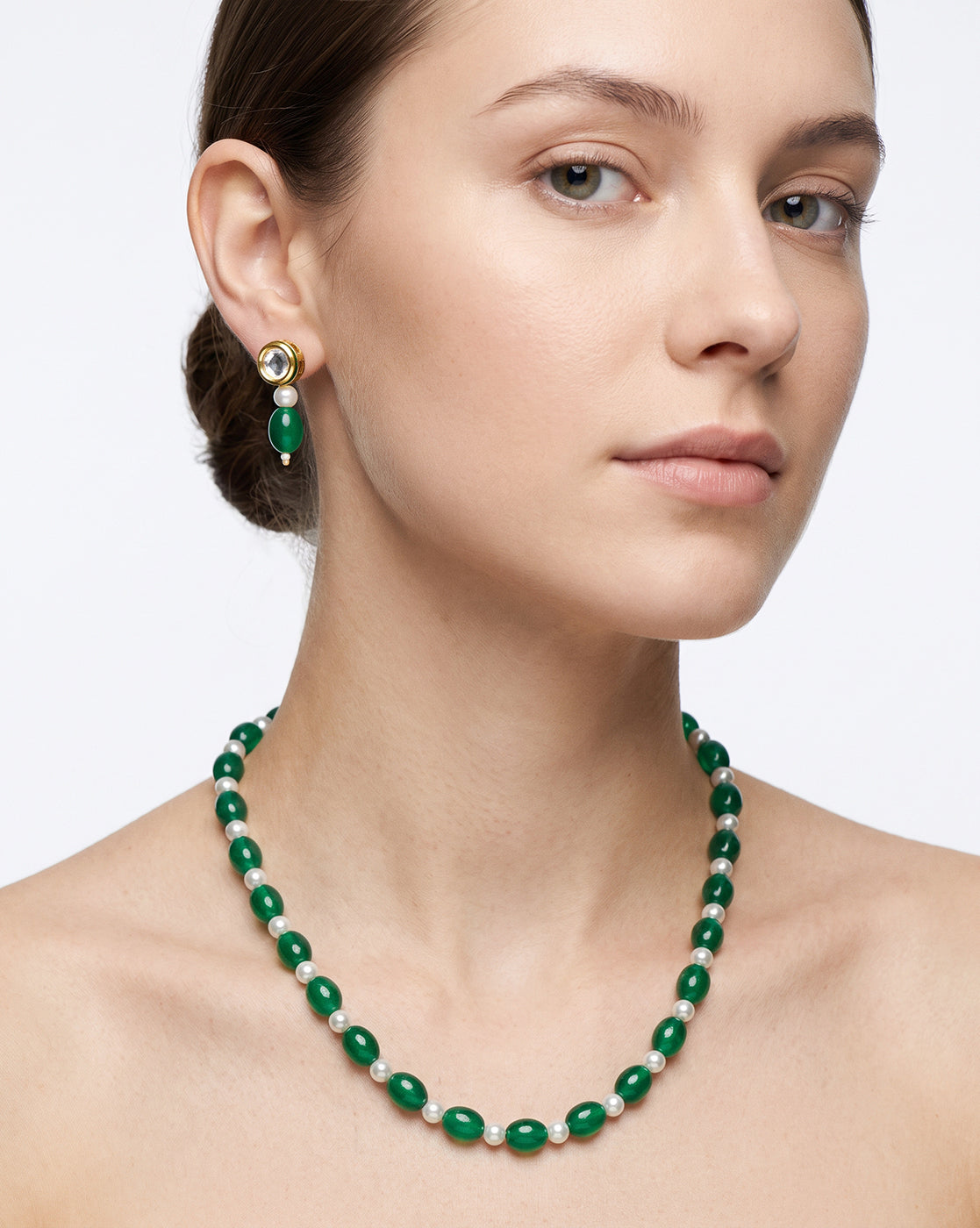 Gold Plated Emerald Green &amp; Pearl Beaded and CZ Jewellery Set