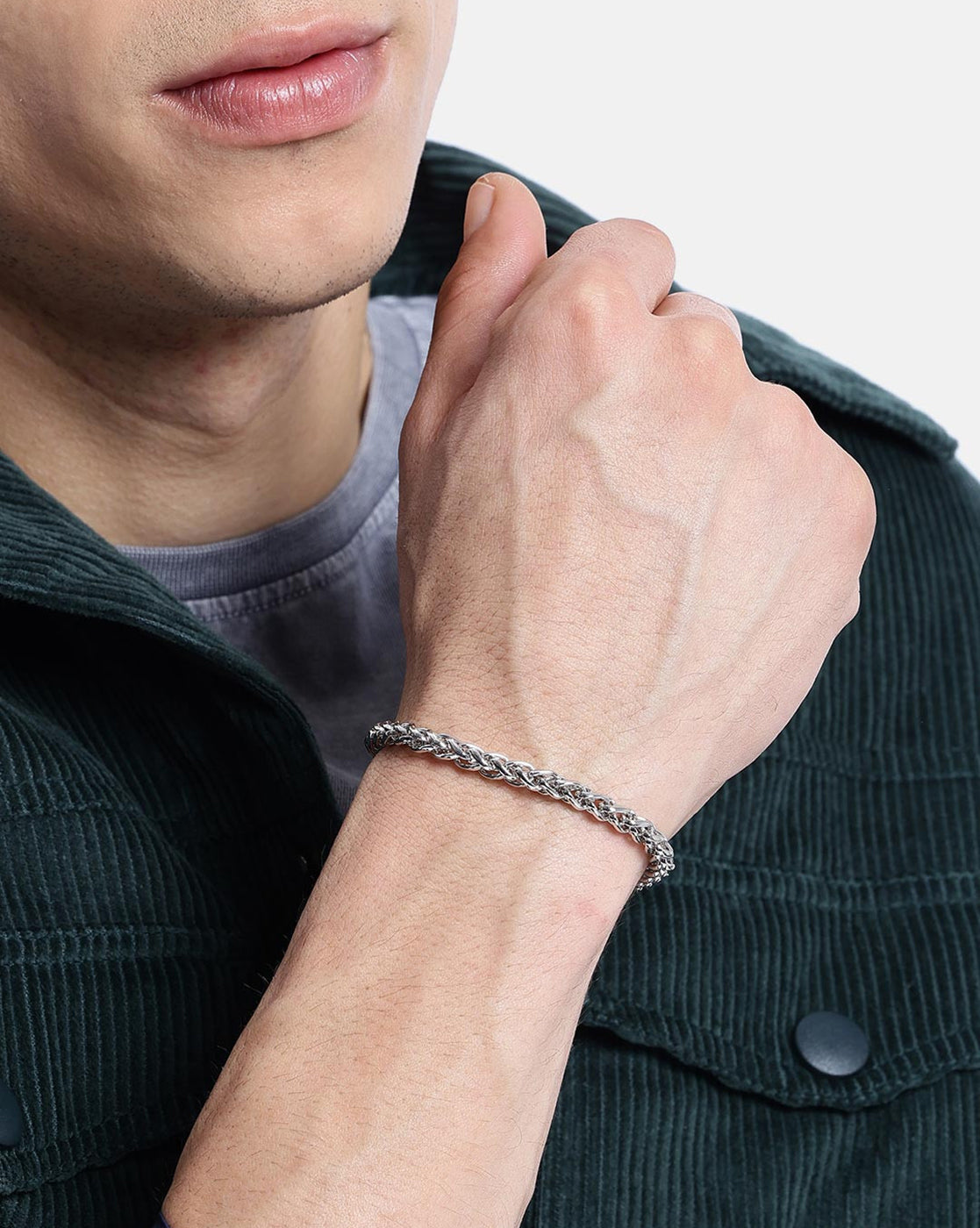 Men Silver Plated Wheat Link Chain Bracelet