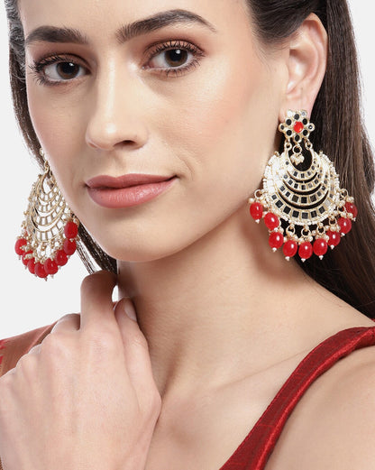 Gold Plated Mirror-Detail Layered Chandbali Earrings with Red Bead Drops