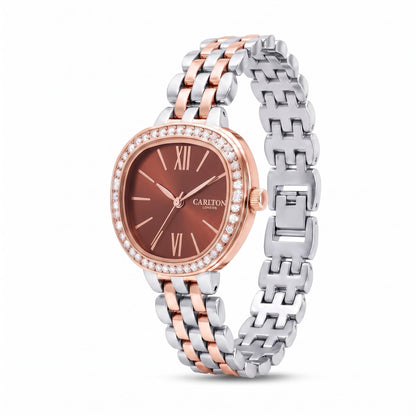 Carlton London Maisie Women’s Watch - Dark Coral Rectangle Dial, Dual Tone Stainless Steel Strap - MSDTCRL