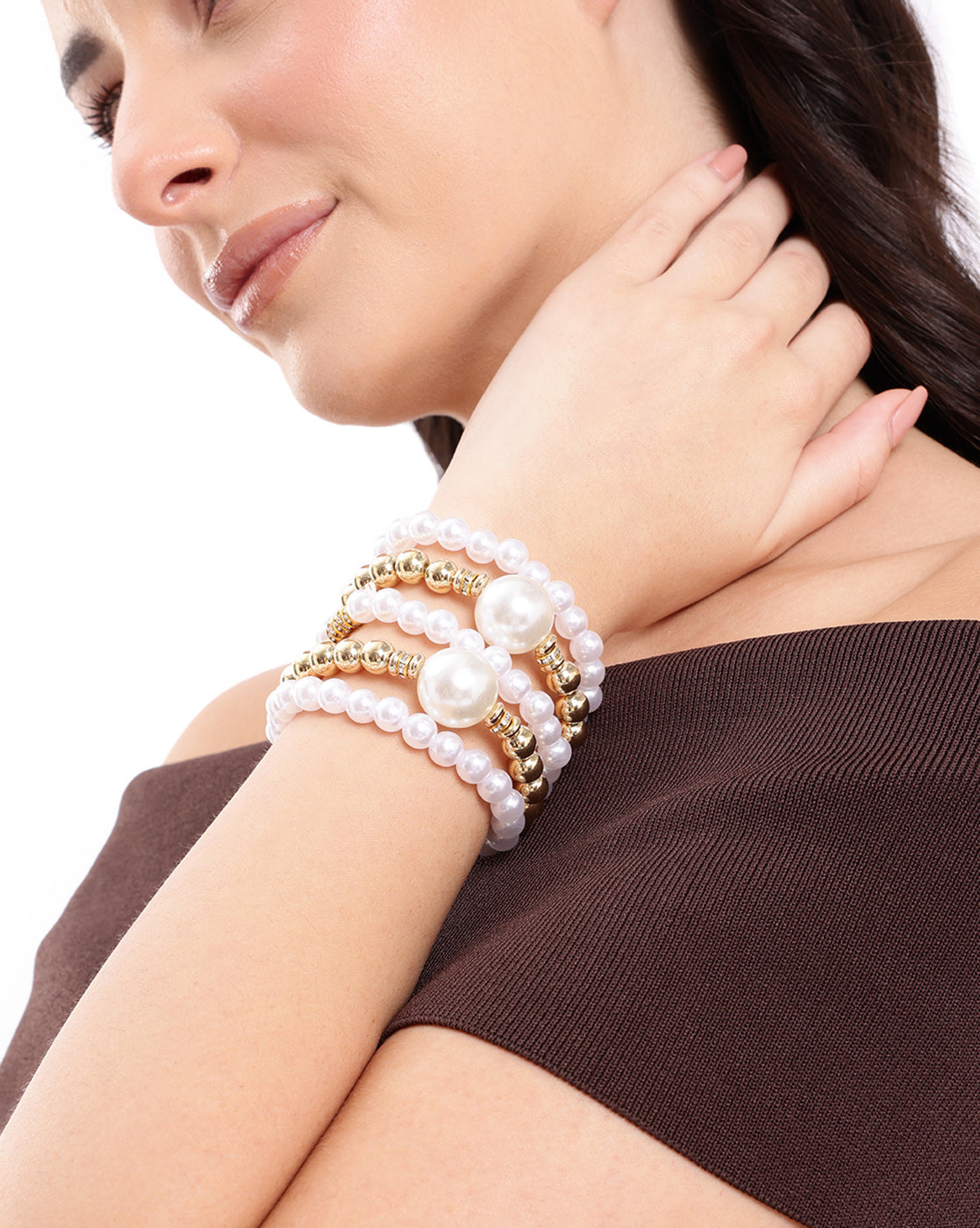 Set of 5 Gold Toned Pearl and Bead Stretchable Bracelet Multipack Set