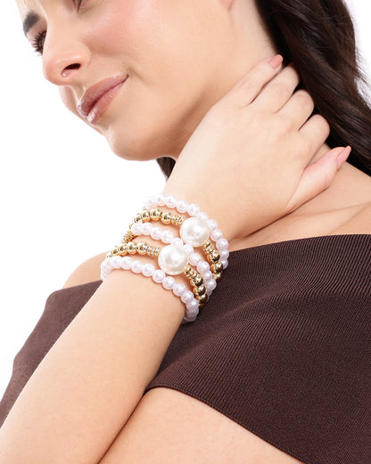 Set of 5 Gold Toned Pearl and Bead Stretchable Bracelet Multipack Set