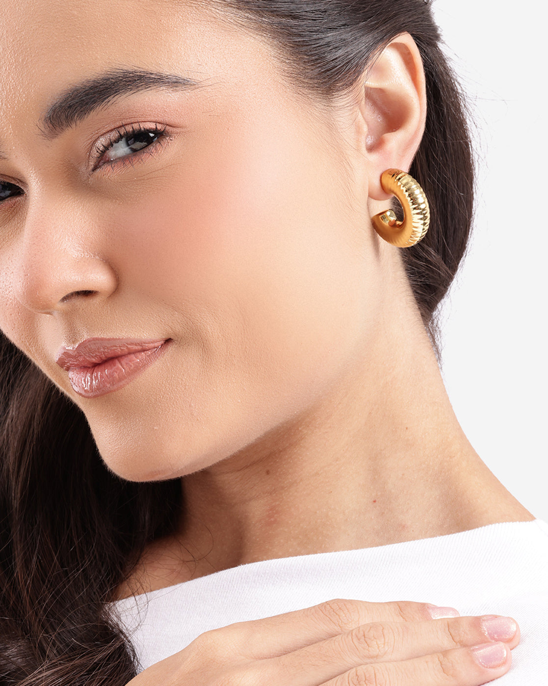 Gold Plated Bold Fluted Textured Half Hoop Earring