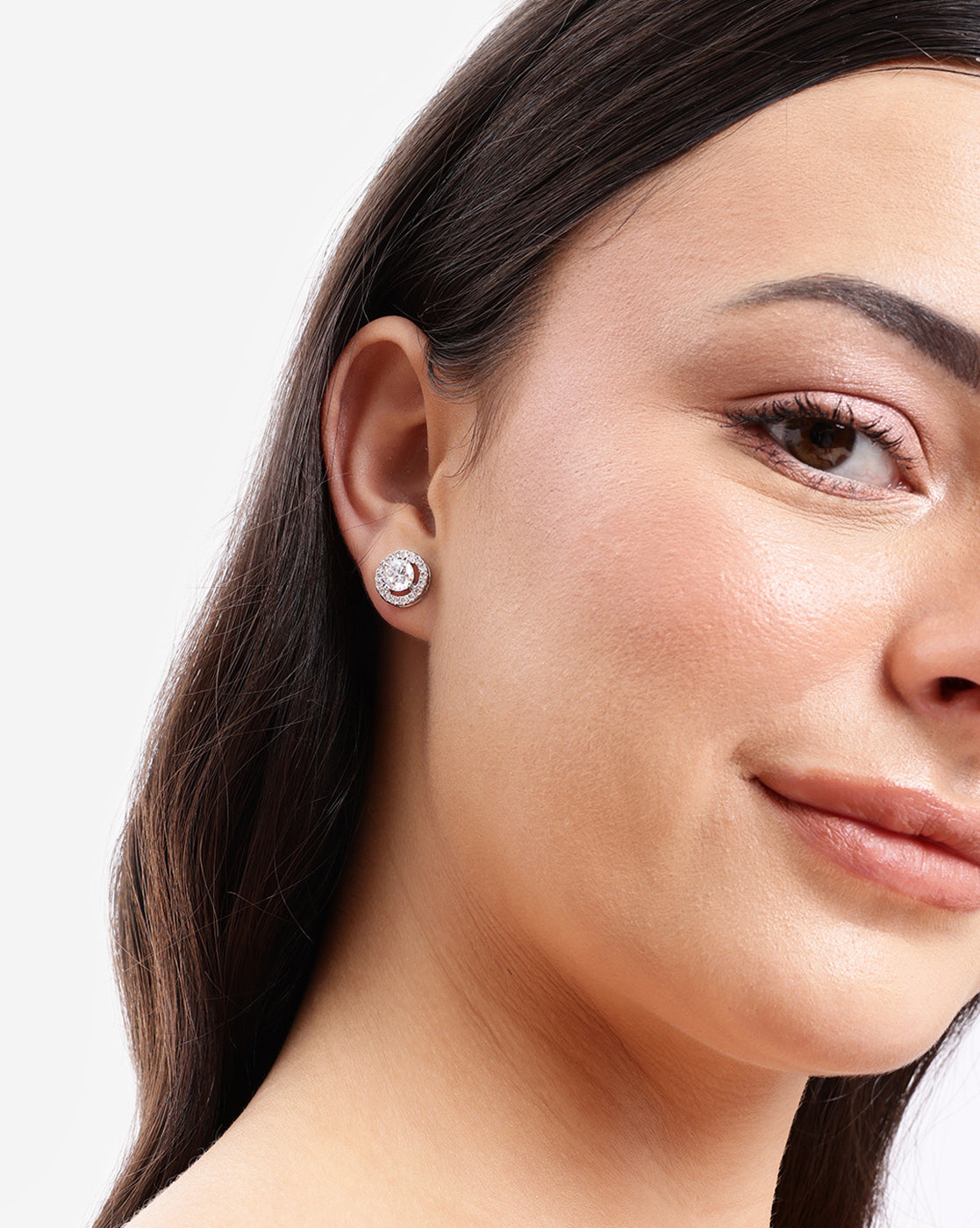 Silver Plated Classic Round Solitaire CZ Halo Stud Earring