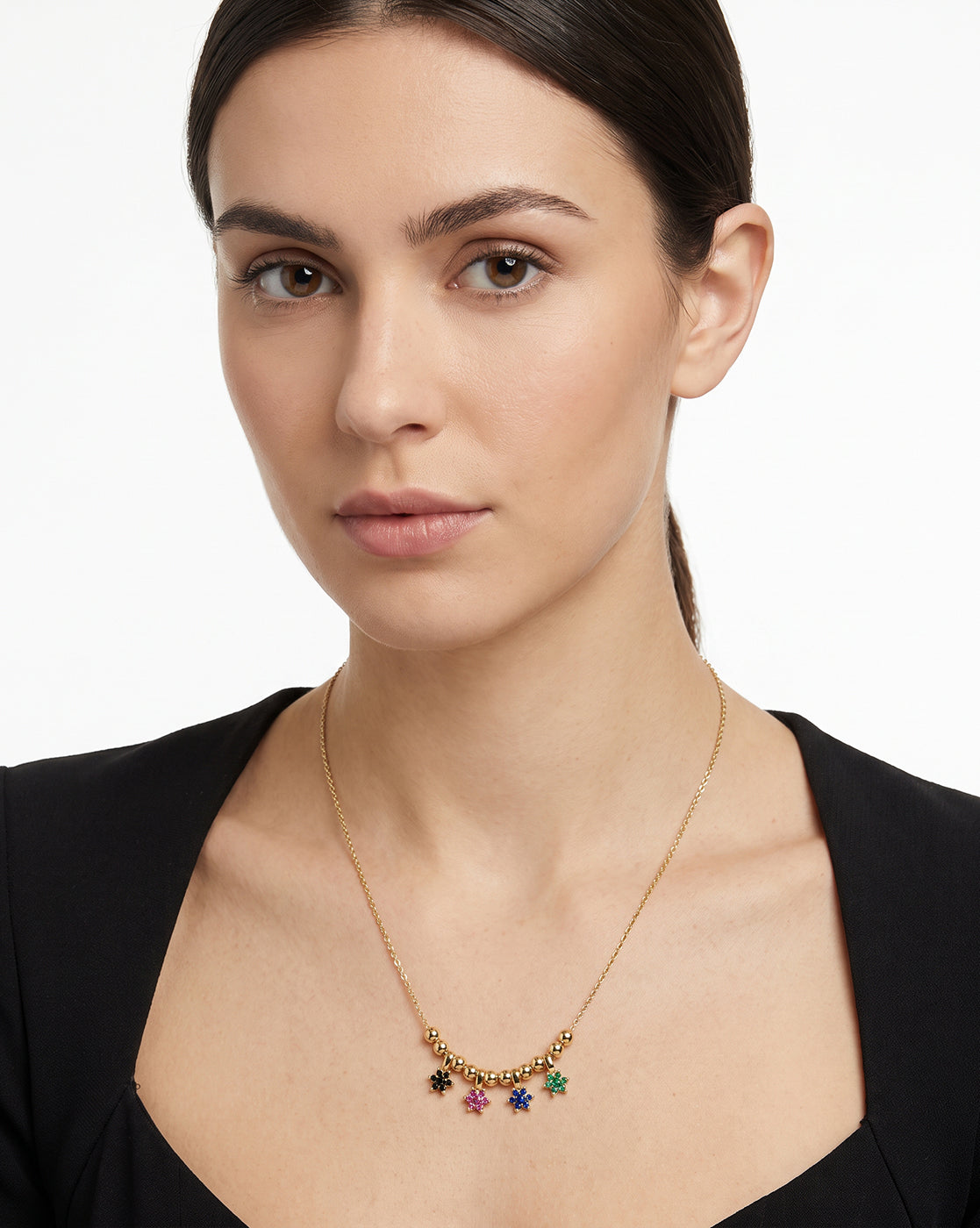 Gold Plated Multicolor CZ Studded Floral Charm Necklace