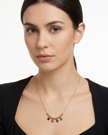 Gold Plated Multicolor CZ Studded Floral Charm Necklace